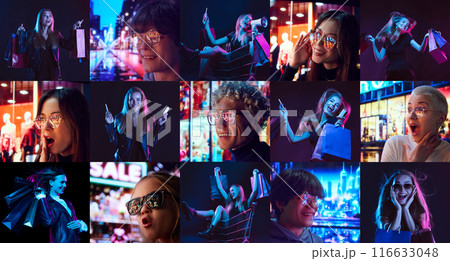 Collage. Different young people, men and women expressing excitement and happiness, doing shopping during big sales 116633048