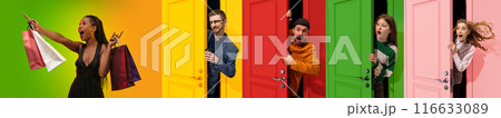 Vibrant collage with different young emotional people peeking out colorful doors with excitement. Big sales season 116633089