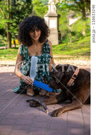 Curly-haired young woman giving some water to a thirsty dog 116633246