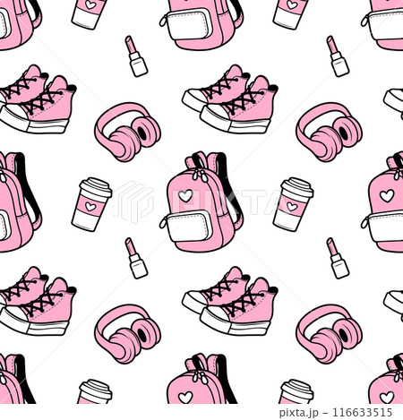 Backpack with a heart, paper cup of coffee, lipstick, headphones, sneakers. Fashionable vector seamless pattern for textile, fabric, wallpaper, wrapping 116633515