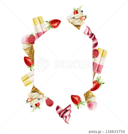Frame, template, logo with popsicle, soft strawberry, cherry, raspberry ice cream and crispy waffle cones. Hand painting sweet watercolor illustration isolated on background. For designers, menu, shop 116633758