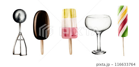 Set of silver scoop spoon, Glass bowl for ice cream, lolly with strawberry, mint, vanilla, raspberry, chocolate glaze. Hand painting fruit popsicle watercolor illustration isolated on background. For Set of silver scoop spoon, Glass bowl for ice cream, lolly with strawberry, mint, vanilla, raspberry, chocolate glaze. Hand painting fruit popsicle watercolor illustration isolated on background. For 116633764