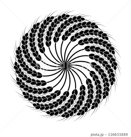 Round wheat wreath and ornament. Black and white silhouette. Design template for packaging, labels, prints and other ideas. Vector illustration and drawing. Round wheat wreath and ornament. Black and white silhouette. Design template for packaging, labels, prints and other ideas. Vector illustration and drawing. 116633889