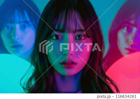 アイドル活動をしている女性グループのネオンカラーポートフォリオ(推し活・芸能界・スター・歌手・ダンス アイドル活動をしている女性グループのネオンカラーポートフォリオ(推し活・芸能界・スター・歌手・ダンス 116634261