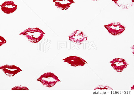 The red lips kisses on a white background. Lipstick kisses set. Kiss lipstick marks for your design. Sexy glossy lip makeup for design. Romantic sign for Valentine day 116634517