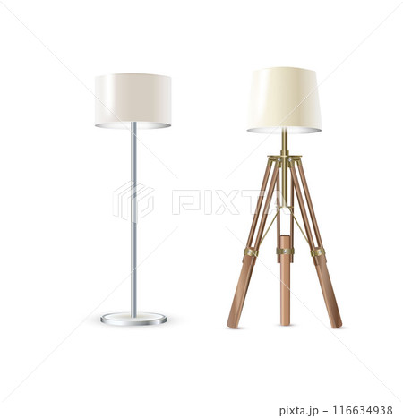 Lamp Set Closeup Isolated on White Background. Floor Lamps. Electric Torchere for Interior Design, Energy Furniture. Vector 116634938