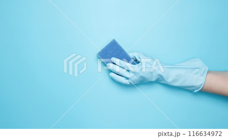 Womans hand in rubber glove holds yellow dishwashing sponge. House cleaning. Copy space 116634972