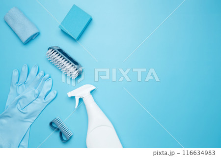 Various accessories cleaning products, sprays, rags, sponges and brushes. Top view, flat lay, copy space Various accessories cleaning products, sprays, rags, sponges and brushes. Top view, flat lay, copy space 116634983