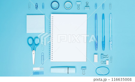 Creative flat lay mockup design of workspace. Top view composition with white notebook, to do list and stationery on blue background Creative flat lay mockup design of workspace. Top view composition with white notebook, to do list and stationery on blue background 116635008