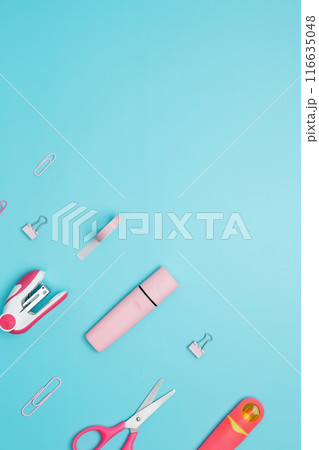 Various school office on blue background. Back to school concept. Top view Various school office on blue background. Back to school concept. Top view 116635048