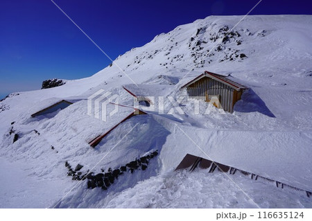 冬季鳥海山の新山と雪に覆われた大物忌神社 冬季鳥海山の新山と雪に覆われた大物忌神社 116635124