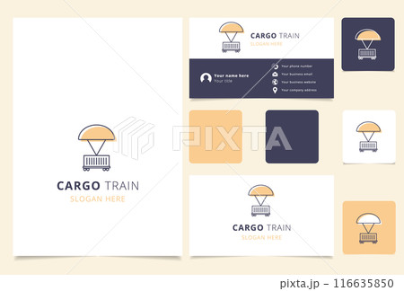Cargo train logo concept featuring a freight wagon protected by a parachute 116635850