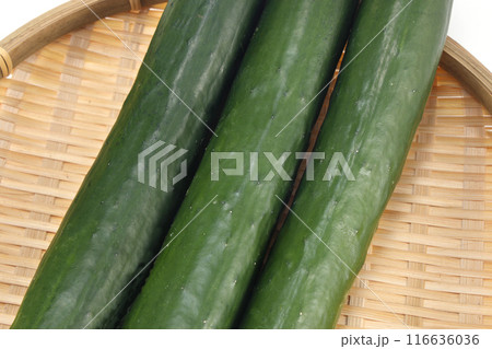 ザルに盛られた新鮮なきゅうり 116636036