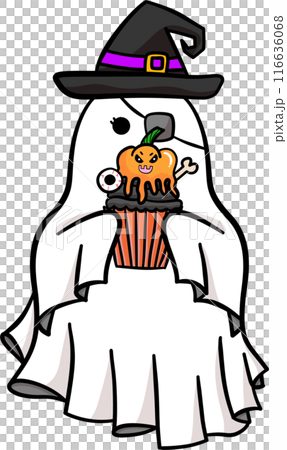 Cute Cartoon ghost with Evi cupcake in Halloween illustration Cute Cartoon ghost with Evi cupcake in Halloween illustration 116636068