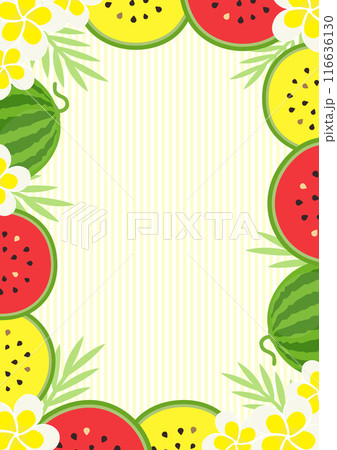 スイカとヤシの葉とブルメリアの花の夏らしいフレーム04 スイカとヤシの葉とブルメリアの花の夏らしいフレーム04 116636130