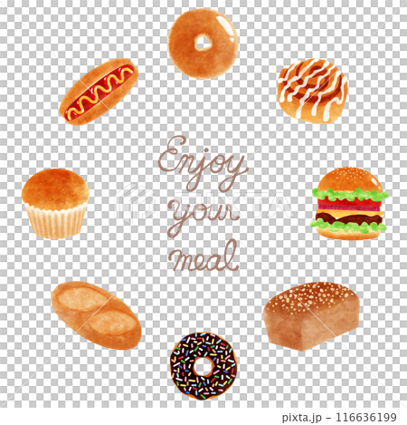Enjoy your meal 色々なアメリカのパンが輪になったフレーム素材 Enjoy your meal 色々なアメリカのパンが輪になったフレーム素材 116636199