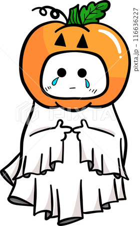 Cute cartoon sad ghost with pumpkin costume for Halloween party	 116636227