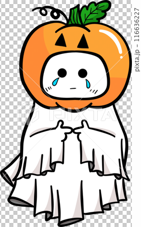 Cute cartoon sad ghost with pumpkin costume for Halloween party	 116636227