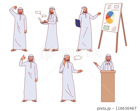 Arabic business man. Saudi male office character in muslim traditional clothes conducts presentation, talks on phone, participates in video chat. Dubai worker, cartoon flat isolated vector set Arabic business man. Saudi male office character in muslim traditional clothes conducts presentation, talks on phone, participates in video chat. Dubai worker, cartoon flat isolated vector set 116636467