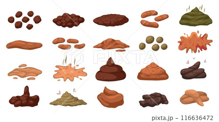 Cartoon poop elements. Animals, pets, dogs or humans excrements, different type, colors and consistency, liquid and solid stool, various fecal, manure pile tidy vector isolated set 116636472