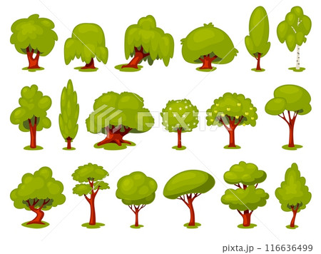 Stylized cartoon trees. Fabulous forest plants, decorative garden isolated elements, wild nature scenery, park objects, game design items, deciduous and fruit trees, vector flat style set 116636499