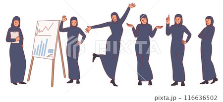 Successful muslim business woman. Different poses, actions and emotions, arab happy female character in hijab, presentation board, Dubai lady in traditional clothes, vector cartoon flat set Successful muslim business woman. Different poses, actions and emotions, arab happy female character in hijab, presentation board, Dubai lady in traditional clothes, vector cartoon flat set 116636502