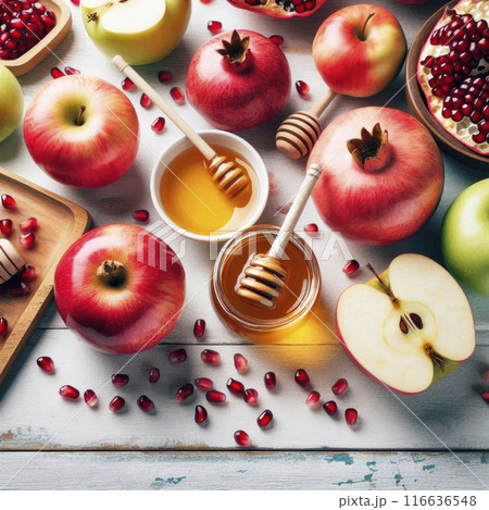 Still life of apples, honey, pomegranates on a wooden background. Celebration of the Jewish New Year, Rosh Hashana 116636548