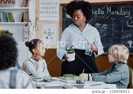Young female teacher of Black ethnicity explaining growth of plants to listeners holding flower pot and bottle for watering during biology class at primary school 116636831
