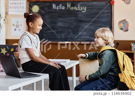 Side view of two diverse smiling kids communicating on break against blackboard on wall in classroom, copy space 116636902