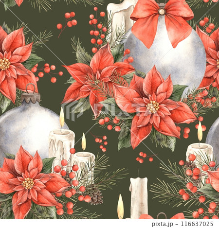 Poinsettia, vintage Christmas flowers with fir branches and glass ball with bow. Watercolor hand drawn pattern on green background. Pattern for Christmas and New Year holidays, invitations, cards Poinsettia, vintage Christmas flowers with fir branches and glass ball with bow. Watercolor hand drawn pattern on green background. Pattern for Christmas and New Year holidays, invitations, cards 116637025