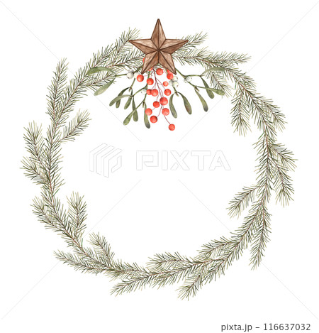 Fir branch, five-pointed star, red berries, mistletoe. Watercolor botanical wreath on isolated background. Drawings for Christmas and New Year holidays, invitations, cards, wrapping paper, decorations 116637032