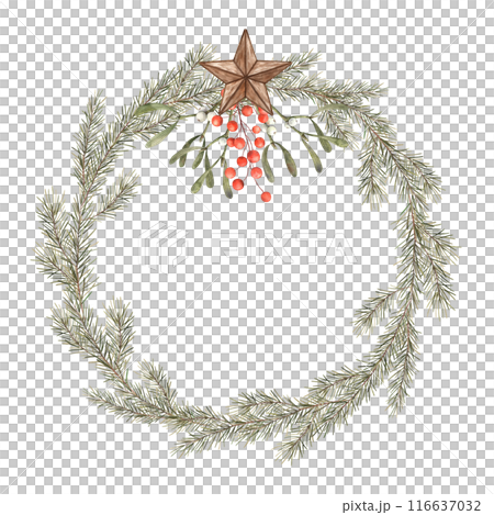 Fir branch, five-pointed star, red berries, mistletoe. Watercolor botanical wreath on isolated background. Drawings for Christmas and New Year holidays, invitations, cards, wrapping paper, decorations 116637032
