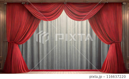 赤いカーテンの誰もいない舞台の余白のあるイラスト素材 116637220
