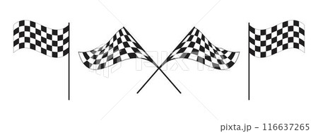 One single and two crossed race flags with checkered black and white pattern. Start or finish symbols on sport car competitions. Rally or motocross props. Vector graphic illustration One single and two crossed race flags with checkered black and white pattern. Start or finish symbols on sport car competitions. Rally or motocross props. Vector graphic illustration 116637265