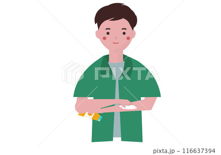 日焼け止めを塗る男性。日焼け予防。サンクリーム。夏のスキンケア。ベクターイラスト 日焼け止めを塗る男性。日焼け予防。サンクリーム。夏のスキンケア。ベクターイラスト 116637394