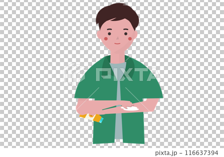 日焼け止めを塗る男性。日焼け予防。サンクリーム。夏のスキンケア。ベクターイラスト 日焼け止めを塗る男性。日焼け予防。サンクリーム。夏のスキンケア。ベクターイラスト 116637394