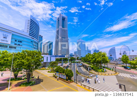 日本の横浜都市景観 桜木町駅前から夏空が広がる横浜ランドマークタワーなど、みなとみらいの街を望む 116637541