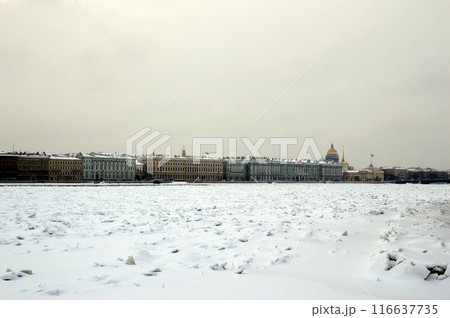 Palace Embankment and frozen Neva River, St. Petersburg. 116637735