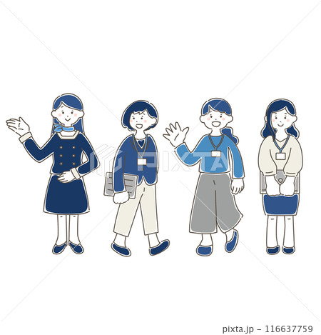 4人の横に並ぶビジネスパーソン[女性]のゆるいイラスト 116637759
