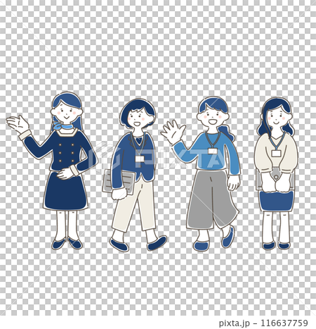 4人の横に並ぶビジネスパーソン[女性]のゆるいイラスト 116637759