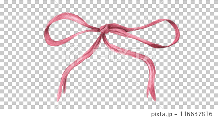 Dusty pink satin bow. Decorative ribbon. Watercolor illustration. Hair braiding or gift accessory. Design element for flower bouquets, cards, congratulations. Birthday, Valentine day, Christmas 116637816
