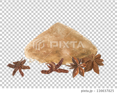 Star Anise seed and powder heap. Spicy aromatic Badian. Watercolor culinary illustration of exotic condiment. Seasoning for decoration of menu, spice stores, Christmas and New Year drinks 116637825