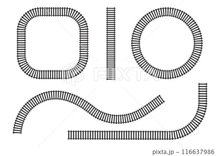 Set of railroad segments. Rail road elements top aerial view. Train track straight and waved lines, circle and square frames. Fence or stairs texture. Vector graphic illustration Set of railroad segments. Rail road elements top aerial view. Train track straight and waved lines, circle and square frames. Fence or stairs texture. Vector graphic illustration 116637986