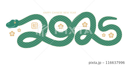 Snake in form of numbers 2025 new year. Green Snake is symbol of the Zodiac year. Isolated vector illustration eps 10. Translation - Happy new year, snake. Vector illustration 116637996