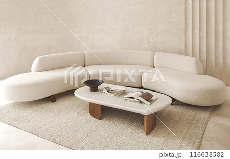 Boho beige livingroom with decor and carpet background. Light modern japanese nature view. 3d rendering. High quality 3d illustration 116638582