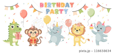 Happy birthday party. Childrens set with cute animals. Baby animals in party hats, cakes, gift boxes, balloons. Illustrations for birthday cards, stickers Happy birthday party. Childrens set with cute animals. Baby animals in party hats, cakes, gift boxes, balloons. Illustrations for birthday cards, stickers 116638634