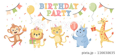 Happy birthday party. Childrens set with cute animals. Baby animals in party hats, cakes, gift boxes, balloons. Illustrations for birthday cards, stickers Happy birthday party. Childrens set with cute animals. Baby animals in party hats, cakes, gift boxes, balloons. Illustrations for birthday cards, stickers 116638635