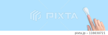 A woman's hand smears white cream. Swatch of white moisturizer. Cream texture, copy space blue background horizontal banner 116638721