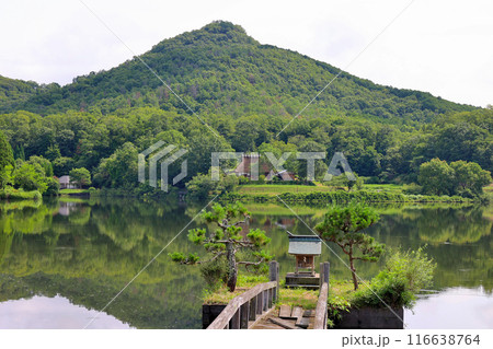福島大池に浮かぶ祠とそこに至る木橋 背景は有馬富士 福島大池に浮かぶ祠とそこに至る木橋 背景は有馬富士 116638764