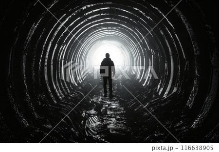Silhouette of a Person Standing in a Dark Tunnel With Light at the End 116638905
